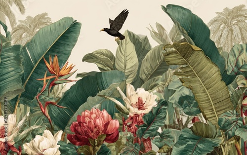 Lush tropical foliage with birds and flowers