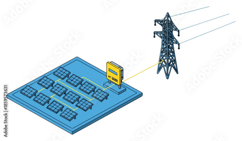 Solar panel array connected to power grid, clean energy electricity generation, sustainable energy infrastructure, renewable power source.