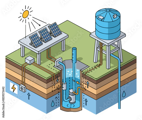 Solar powered water pump system drawing groundwater for irrigation and water supply from underground aquifer to tank