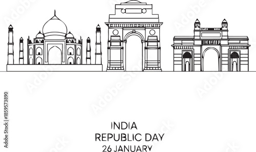 PrintIndia republic day celebration illustration with famous monuments