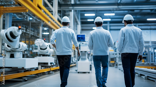 Engineers inspect robotic arms on the assembly line. Ensuring optimal performance, the team maintains safety and efficiency in the automated production environment.