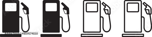 Four gas pump icons in varying styles black and white illustration