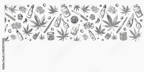 Sketch of cannabis leaves bottles and various accessories in grayscale