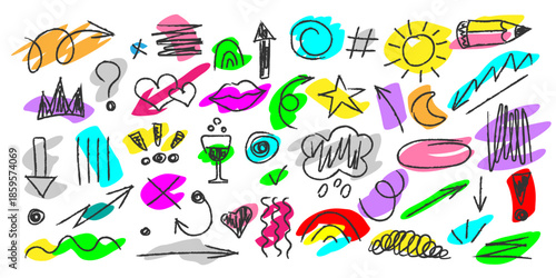 A set of grunge office pencil doodles for business notes with bright streaks of colored marker. Flat doodle style. Vector illustration.