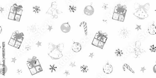 A delicate pattern of christmas gifts ornaments and winter snowflakes on white