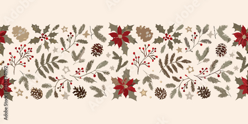 Festive seamless pattern with holly poinsettia pine cones and winter botanicals