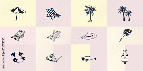 A collection of summer vacation icons including beach umbrellas and lounge chairs