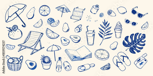 A whimsical collection of summer essentials in a blue sketch style