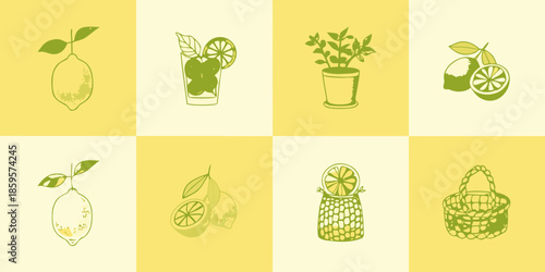 A collection of lemon illustrations with drinks and baskets on yellow background