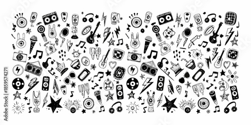 Doodle collection of music and entertainment themed icons and symbols