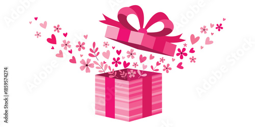 Pink gift box opening with hearts and flowers erupting