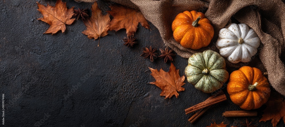 Fototapeta premium Autumnal arrangement pumpkins, leaves, cinnamon on textured dark background