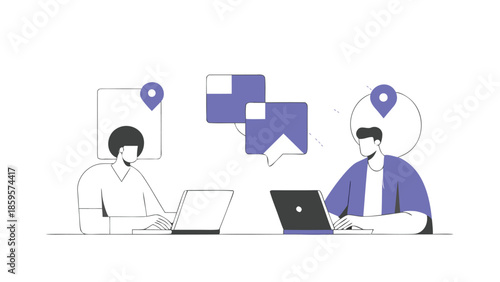 Two professionals coordinating tasks digitally with laptops and speech bubbles