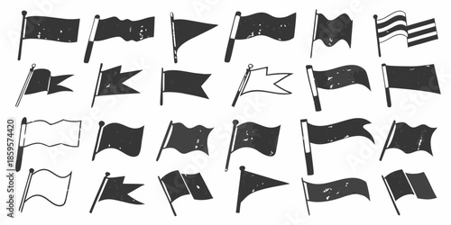 Collection of various black and white sketched flags waving in different directions