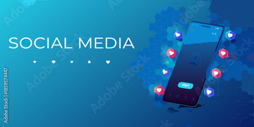 Social media concept with a smartphone displaying hearts and engagement icons