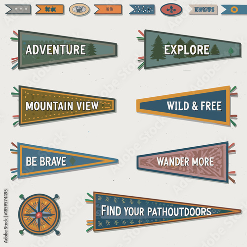 Collection of colorful adventure and exploration themed pennant banners and a compass