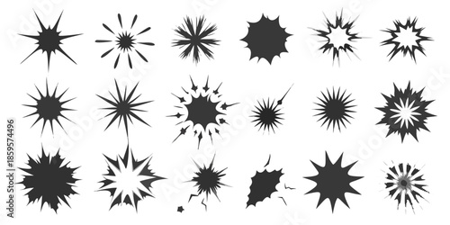 Collection of abstract starburst shapes and dark splatter designs on black background