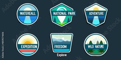 Collection of colorful national park and adventure themed badge illustrations