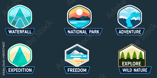 Collection of colorful outdoor adventure badges and national park emblems