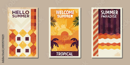 Three vibrant summer banners with tropical themes and retro designs