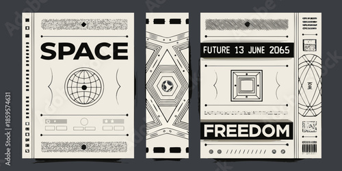 A futuristic space themed design with geometric shapes and text elements
