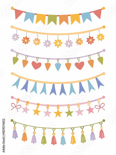 Colorful party decorations bunting flowers hearts tassels and festive strings