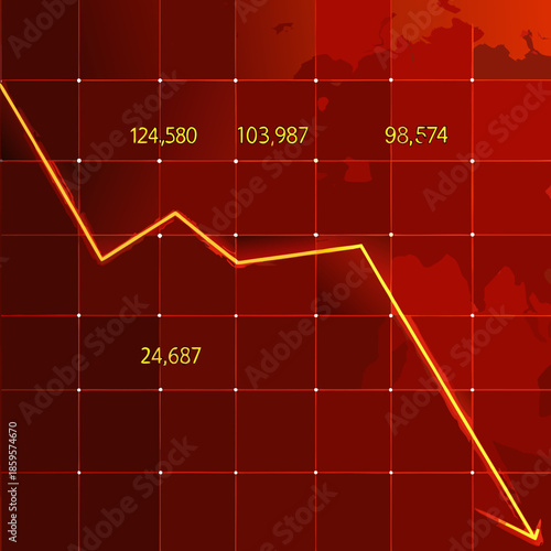 Dramatic market decline illustrated with a red line graph and global map backdrop