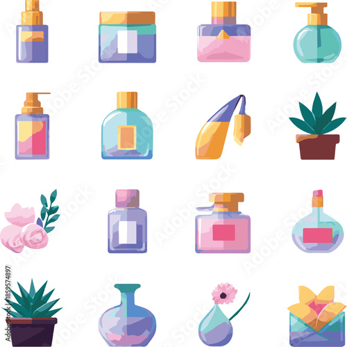 Set of colorful icons for cosmetics, spa, beauty. Vector illustrations for graphic and web design, marketing material
