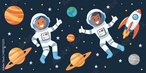 Astronauts exploring space with planets rocket and stars in a colorful scene