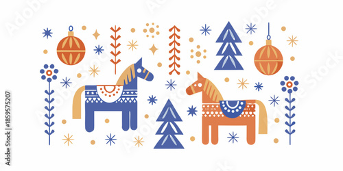 Festive christmas scene with wooden horses ornaments and stylized winter trees