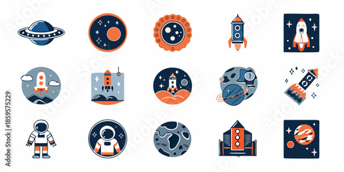 Colorful space exploration icons featuring planets rockets astronauts and spacecraft