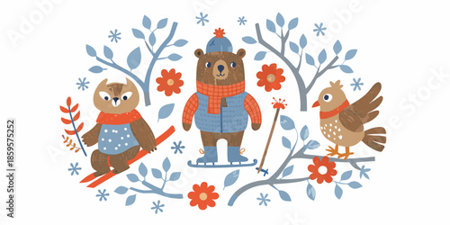 Charming winter scene featuring a bear owl and bird with floral accents