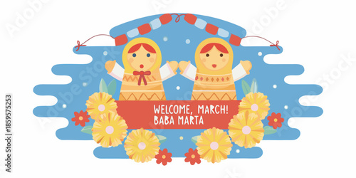 Celebratory baba marta design with matryoshka dolls flowers and traditional elements