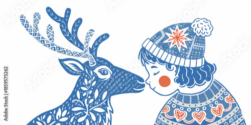 A charming illustration of a young child gently kissing a reindeer s nose