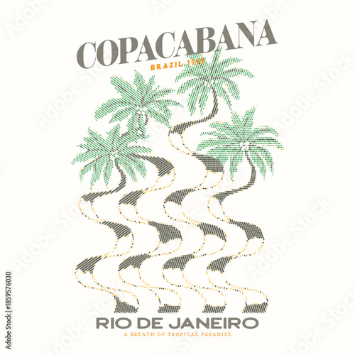 Copacabana beach art. coconut tree artwork. Tropical paradise. Tropical vibes t shirt artwork. Retro summer t shirt design. Rio De Janeiro travel vector design, Copacabana Brazil beach vector design