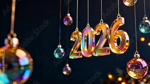 2026 hanging golden numbers with colorful ornaments