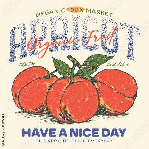 Summer peach fresh food poster design. Fresh fruit print. Nature fruit club print design. Organic food artwork for a t-shirt. Fruit vintage t-shirt. Fresh peach fruit print. women's food fashion