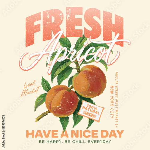 Fruit vintage t-shirt design. Summer food poster design. Peaches farm artwork. Fresh peace fruit print. Organic food artwork for for t-shirt. Best fruit stall in California. Fruit club print design.