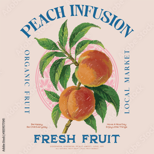 Peach Fruit vintage t-shirt design. Peach farm artwork. California Fruit Club, No.1 Peaches vector, peach vector art with typography, retro vintage fruit illustration for tee, graphic print