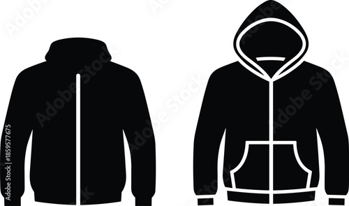 Black hoodie jacket front and back view vector silhouette apparel mockup isolated on white background for fashion design branding template