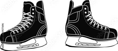 Black ice hockey skates vector illustration, professional winter sports footwear, isolated modern design, outline style, athletic equipment for stock use