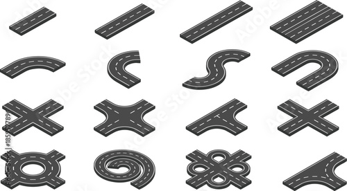 Isometric road element icon set illustration with straight, curved, and intersection streets, flat vector collection for map design, navigation, and urban planning concepts
