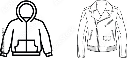 Hoodie and leather jacket vector illustration, fashion outerwear icons, casual and biker clothing design, apparel outline artwork