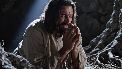 Man in ancient robes crying and praying with light shining on him. Religious worship and distress.