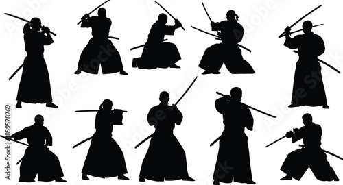 Japanese samurai warrior silhouette collection featuring katana sword combat stances, traditional martial arts training poses, historical Japan illustration in black and white vector