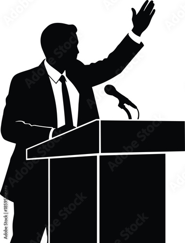 Political leader giving speech at podium, powerful silhouette illustration, election campaign concept, public speaking, government leadership, democracy symbol