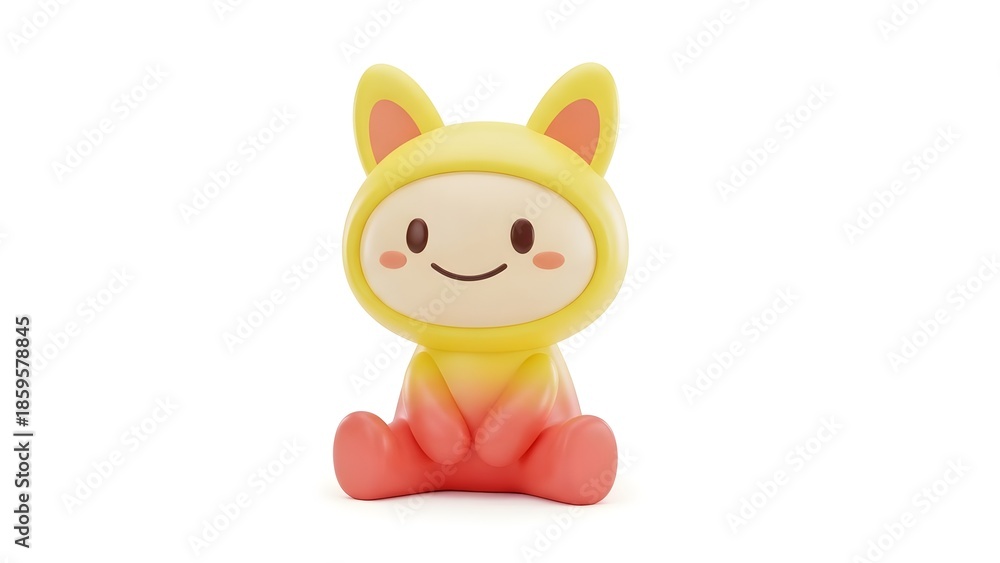 Obraz premium Adorable pastel cartoon animal character sitting with paws together, wearing a yellow bunny costume with long ears, a gentle smile, and a soft toy-like 3D design on a white background.