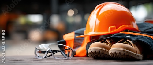Safety equipment setup with hard hat, goggles, workwear jacket, and boots in industrial warehouse setting