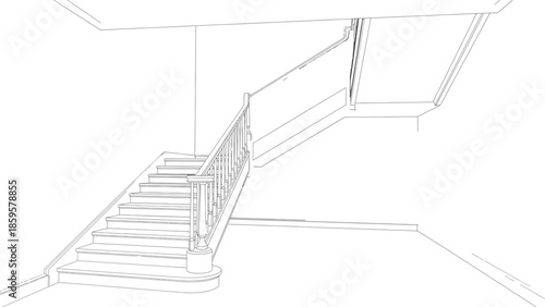Simple black and white line drawing of a traditional wooden staircase with an elegant banister and newel post