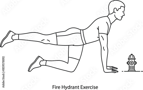 Line art illustration depicting a male athlete performing the fire hydrant exercise for glute and hip strength building